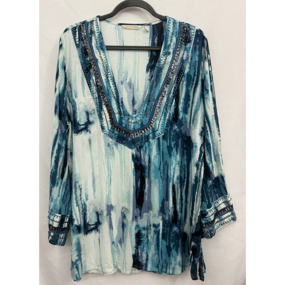 Soft Surroundings Blue Tie Dye Boho Artsy Beaded Sequin Tunic Top Womens Size L